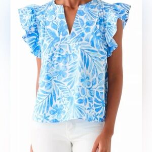 Crown & Ivy Ruffle Sleeve Split Neck Woven Top in “White Blue Multi” Sz. XL